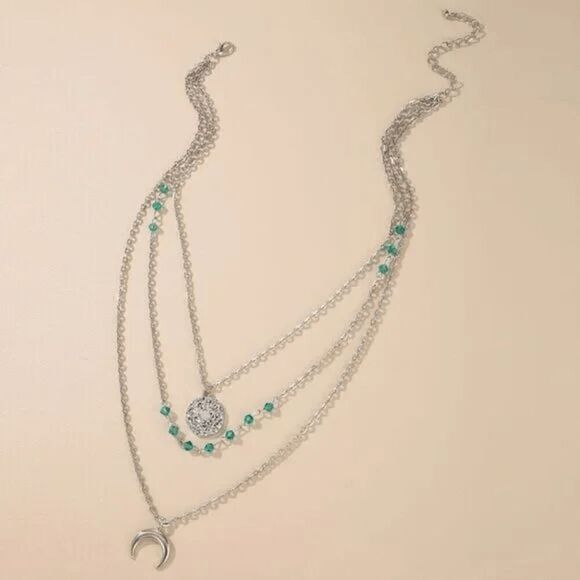 2/$21 Three Layered Green Bead Moon Necklace - Picture 1 of 5